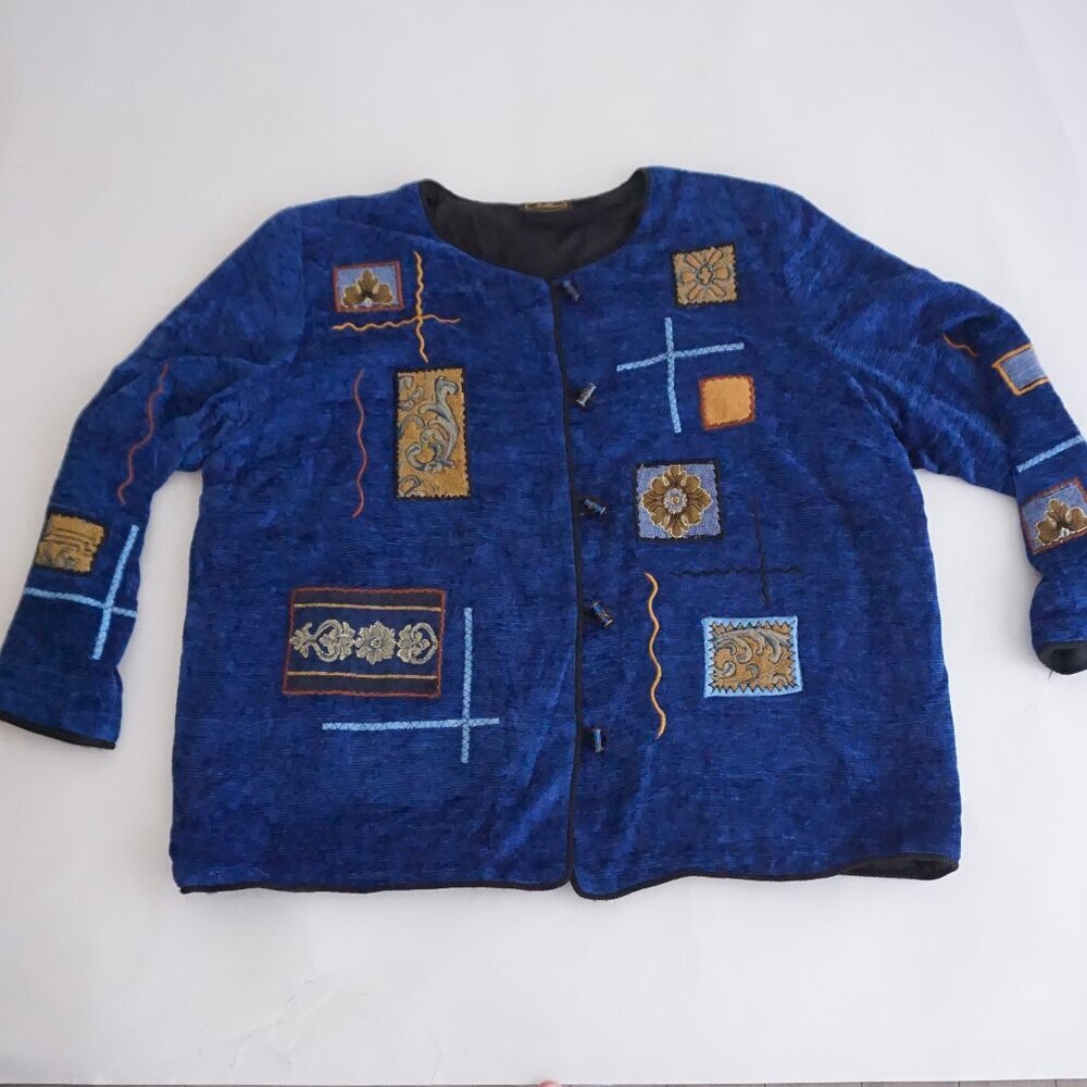 Vintage Allure Blue Embroidered Patchwork Floral Paisley Lined Jacket 22/24